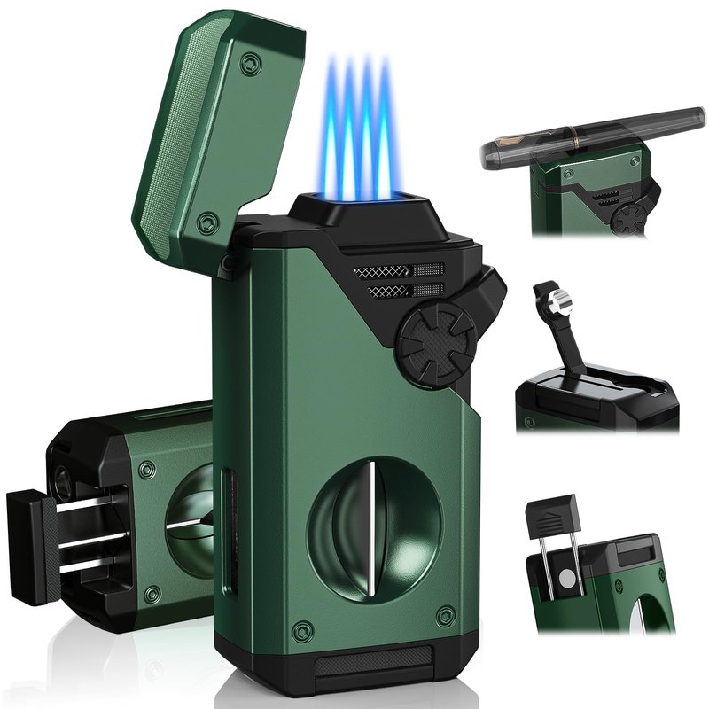5-in-1 Torch Lighter, 4 Jet Windproof Flame with Built-in Cutter, Holder, Punch, Draw Enhancer Tool, Refillable Butane Torch Lighters, Multi-Functional Accessories, Gifts for Men, Lighters for Candle