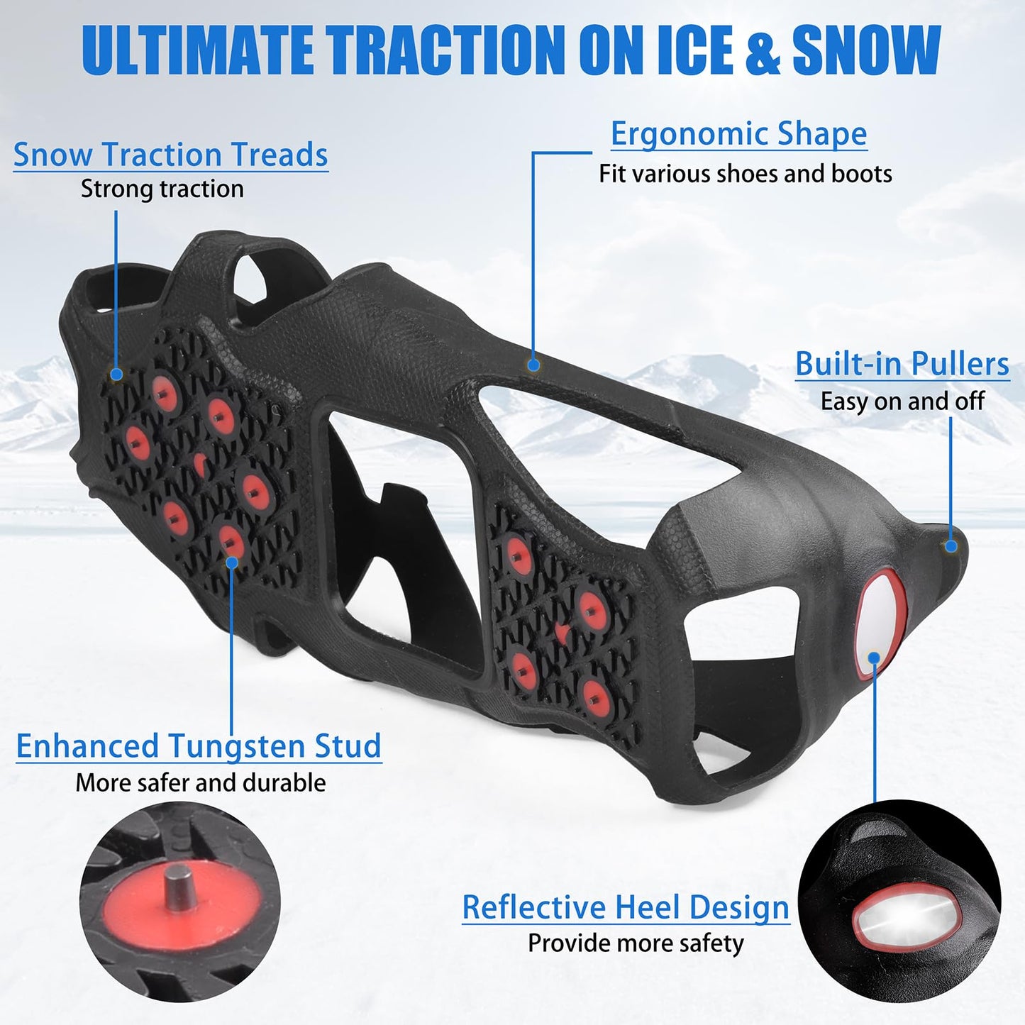 Ice Cleats Tungsten Crampons, Anti Slip Shoes Grippers with Reflective Heel, Ice Snow Cleats for Shoes and Boots Men Women Slip-on Overshoes Stretch Footwear, Size M