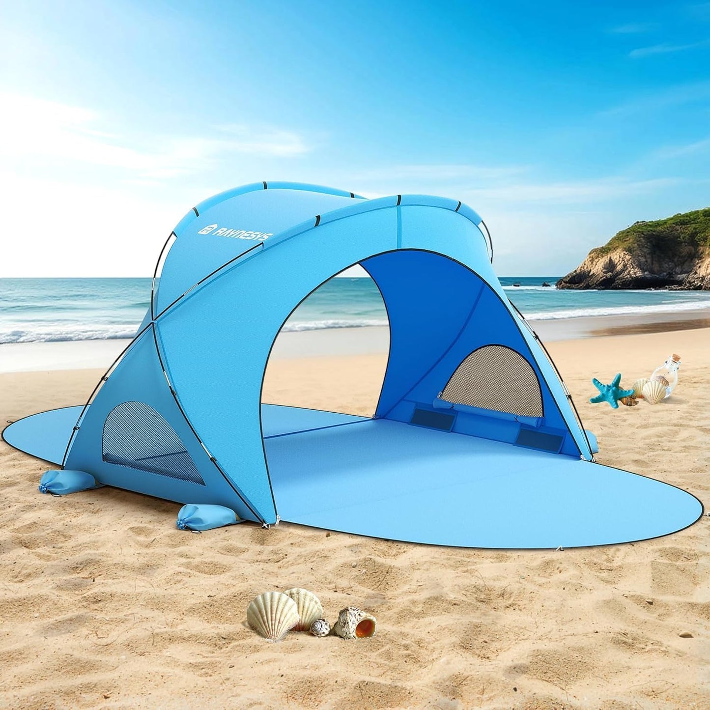 Raynesys Beach Tent - Portable Sun Shelter with UPF50+ UV Protection for 1-3 People | Blue Shade Tent