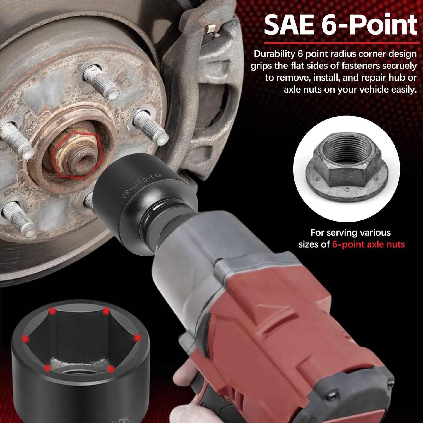 3/4" Drive Spindle Axle Nut Impact Socket Set, 6 Point Large Socket Set, CR-MO, 2-1/16" to 2-1/2", Heavy Duty Impact Socket Set Use In Removing And Installing Axle Nuts