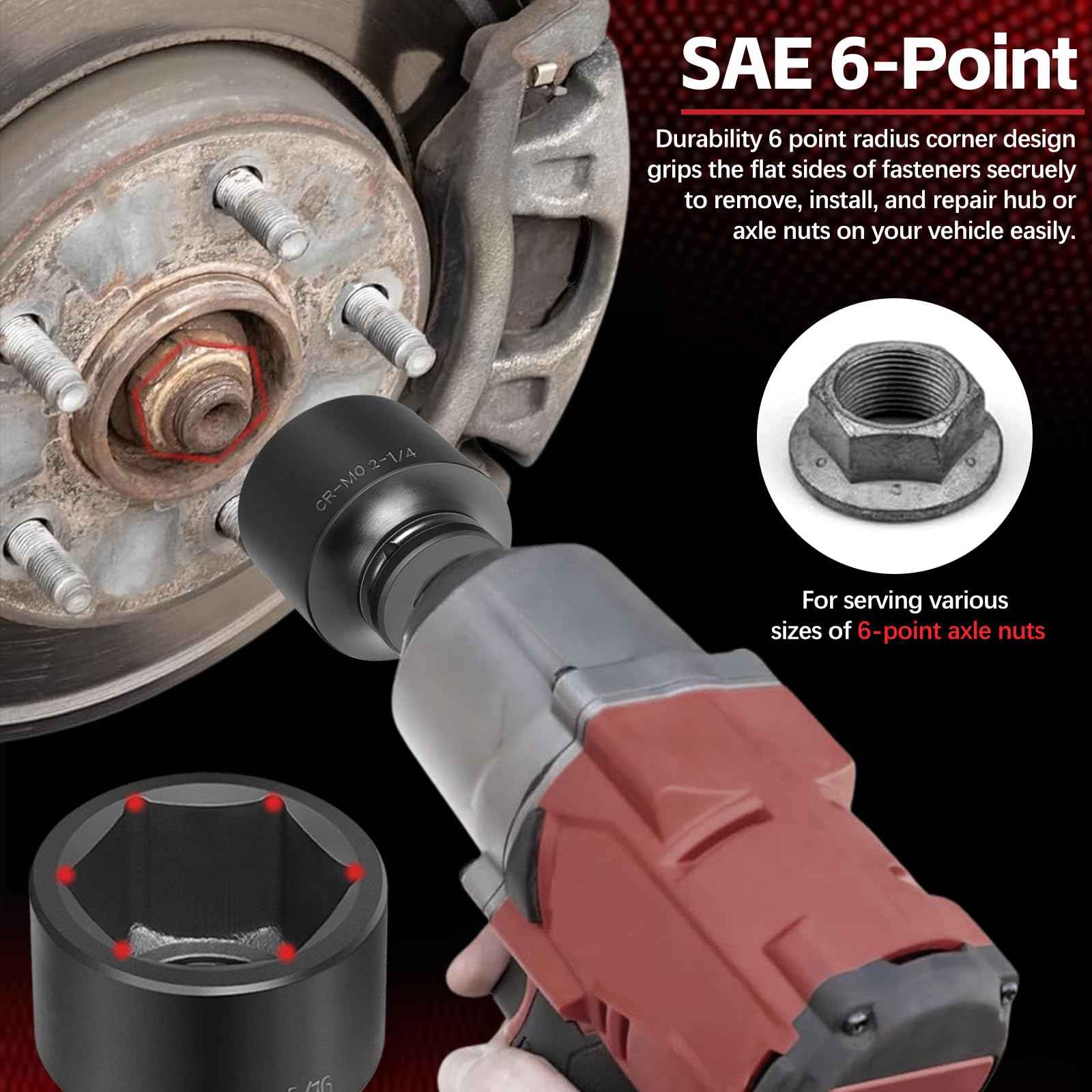 3/4" Drive Spindle Axle Nut Impact Socket Set, 6 Point Large Socket Set, CR-MO, 2-1/16" to 2-1/2", Heavy Duty Impact Socket Set Use In Removing And Installing Axle Nuts