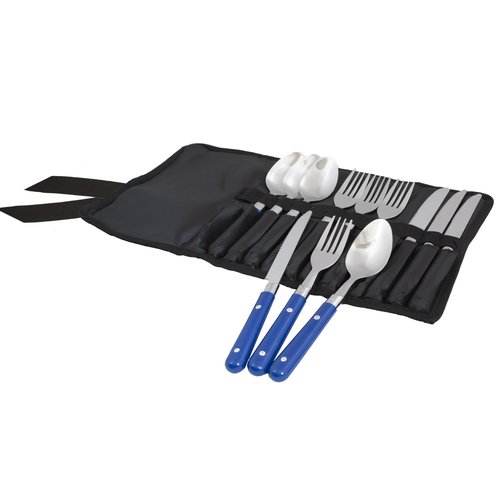 Alpine Mountain Gear 4-Person Blue Enamel Coated Steel Dining Set - Camping Gear Essentials with 4 Mugs, 4 Bowls, 4 Plates & Cutlery