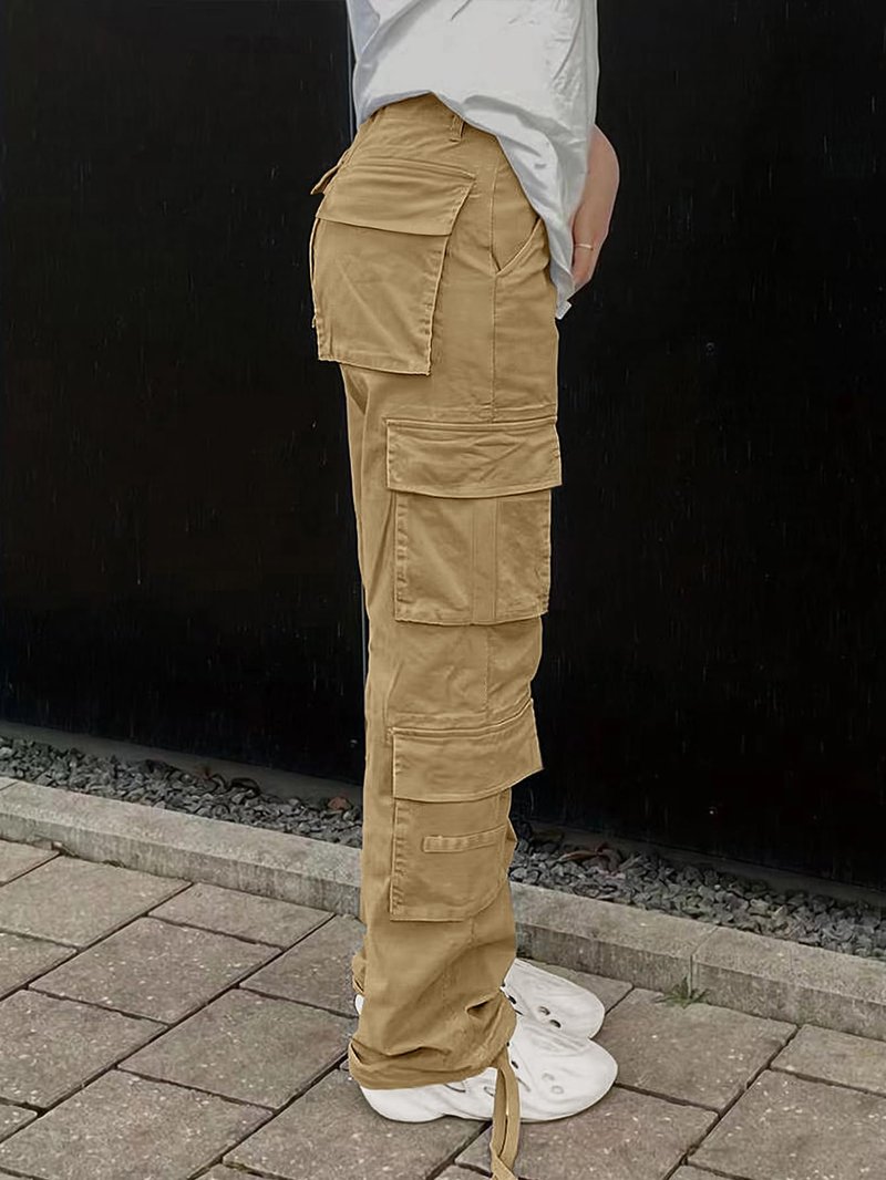SDNGED Women's High Waisted Cargo Pants Travel Y2K Streetwear Baggy Stretchy Pants with Pockets Drawstring Ankle Cuffs Khaki