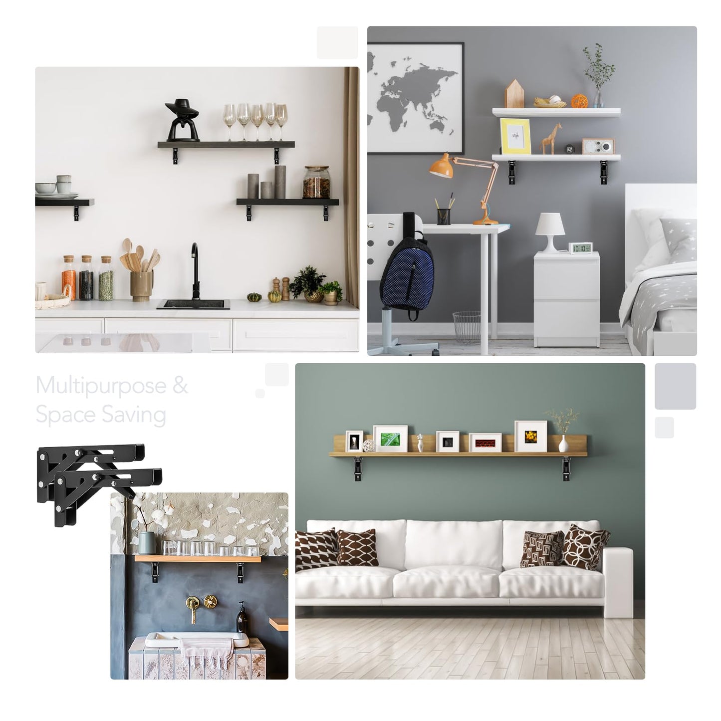 Ravinte 6 Inch Heavy Duty Folding Shelf Brackets - Collapsible Matte Black Brackets for Table, Bench, Space Saving Design, 2 Pack