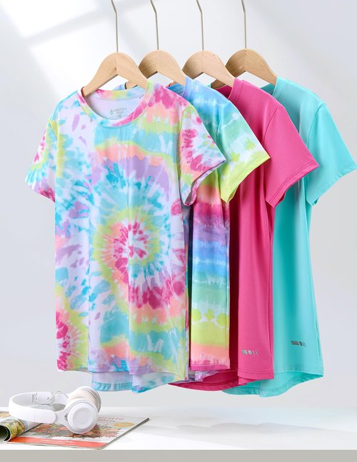4 Pack: Youth Girls Athletic Shirts, Short Sleeve Dry Fit Apparel Tech Tshirts, Sports Activewear for Kids Teens (Set 6, Youth Small)