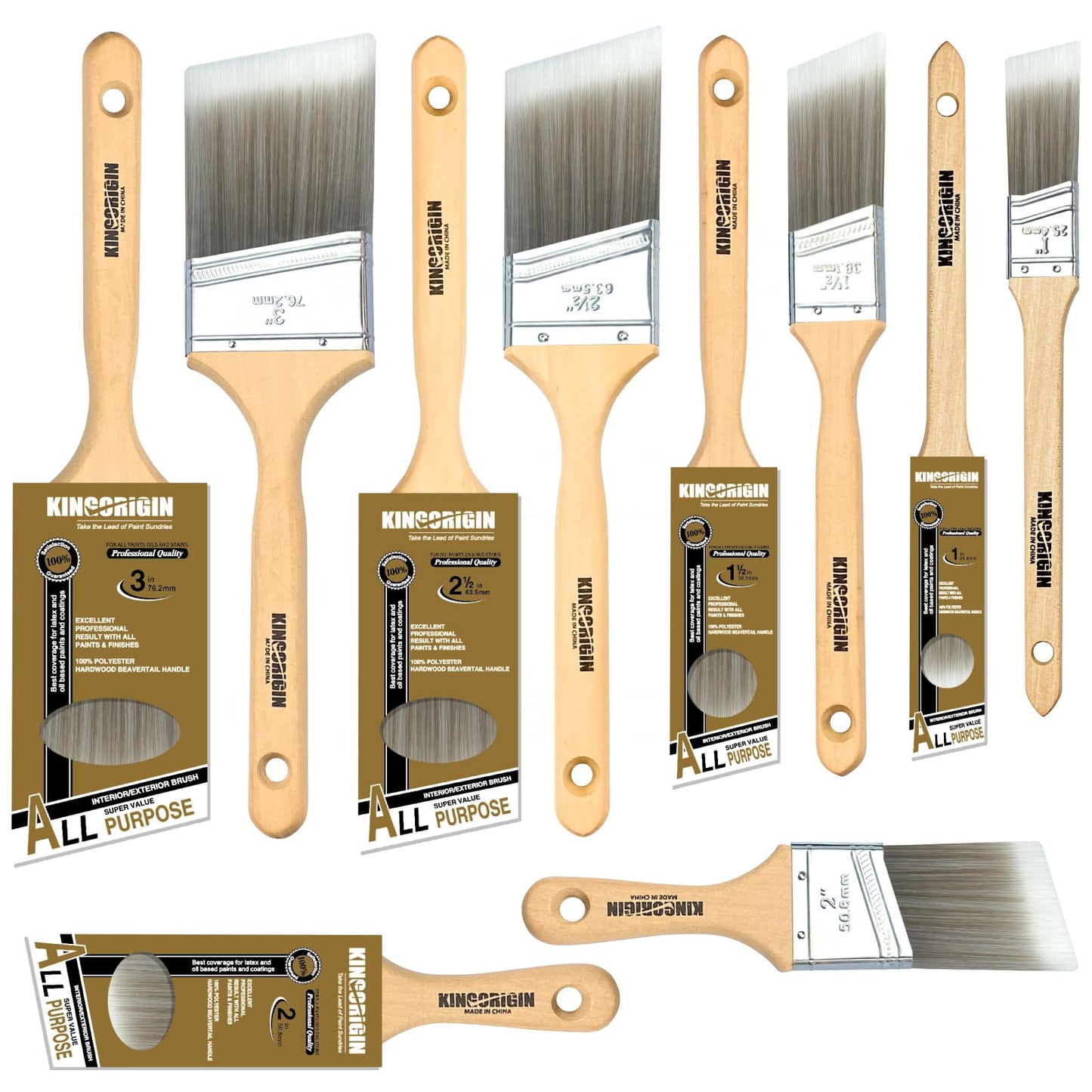 King Origin 10-Pack Professional Angled Paint Brushes Set - (1"/1.5"/2"/2.5"/3") Synthetic Wall & Trim Brushes for Cutting Edges, Cabinets, Touch-Ups | Reusable Bulk Paintbrush Kit
