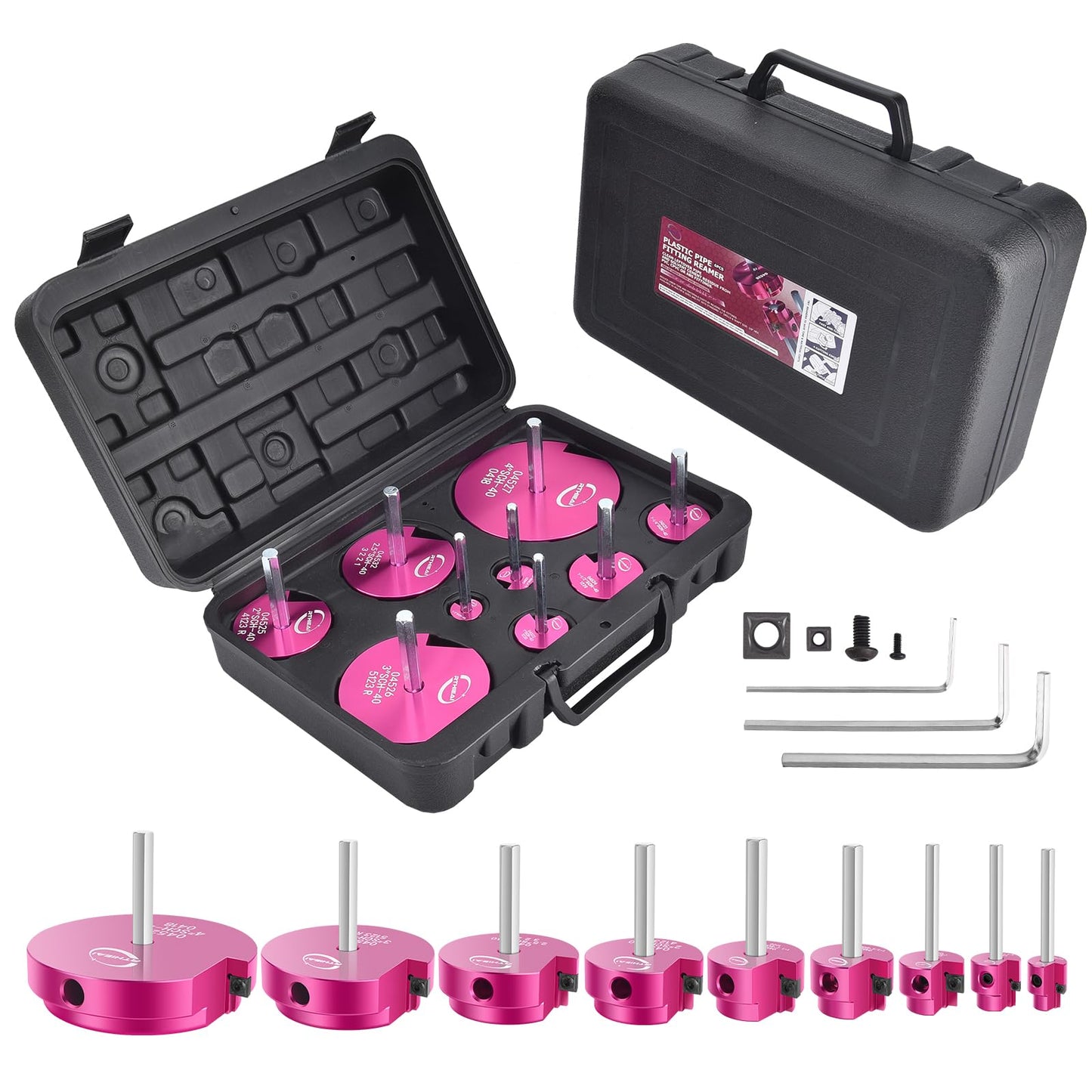 9 Pcs PVC Pipe Reamer Kit, PVC Fitting Saver Socket Saver Plumbing Tool with 1/2", 3/4", 1", 1-1/4", 1-1/2", 2", 2.5", 3" and 4" Head, Pipe Fitting Reamer for SCH40 CPVC ABS, Fits Standard 1/2" Drill