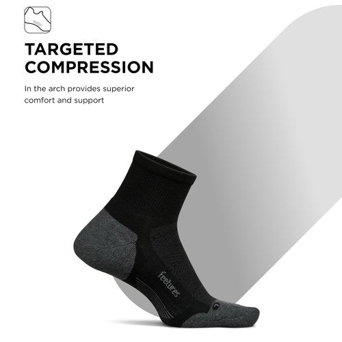 Feetures Elite Max Cushion Quarter Sock- Athletic Running Socks for Men & Women, Targeted Compression, Moisture Wicking - Black, Large (1 Pair)