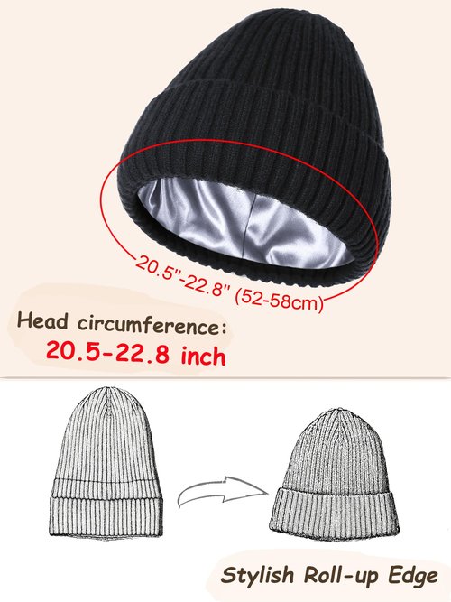 Satin Lined Beanie for Women Men, Silk Lined Beanies, Wool Warm Knit Cuffed Winter Hat Womens Skull Cap