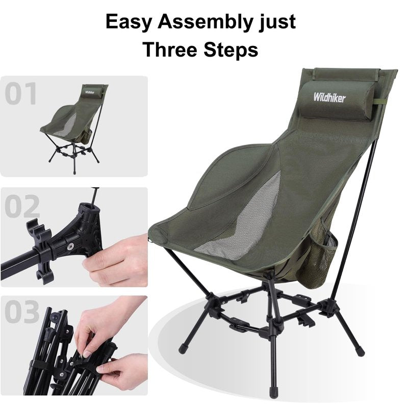 Wildhiker Compact High Back Camping Chair - Foldable with Dual Sitting Modes, Pillow, Arm Pads and Side Pockets - Lightweight Portable Chair for Motorcycle, RV, Festival, Travel - Black