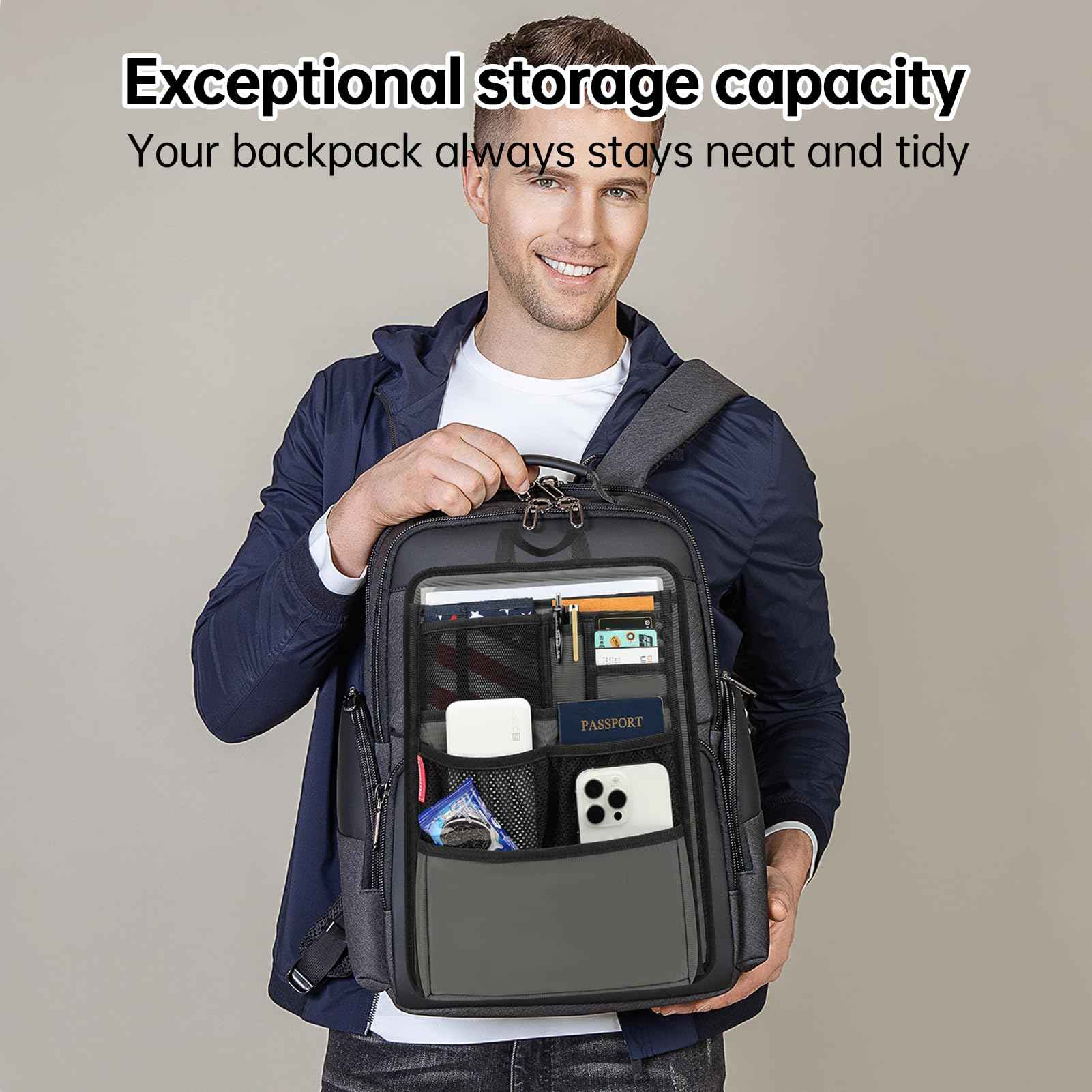 DELTAMANN Slim Rugged Backpack Organizer Insert for Business Casual Men Women -13 Pockets,Padded Nylon,Max 14'' laptop - Navy