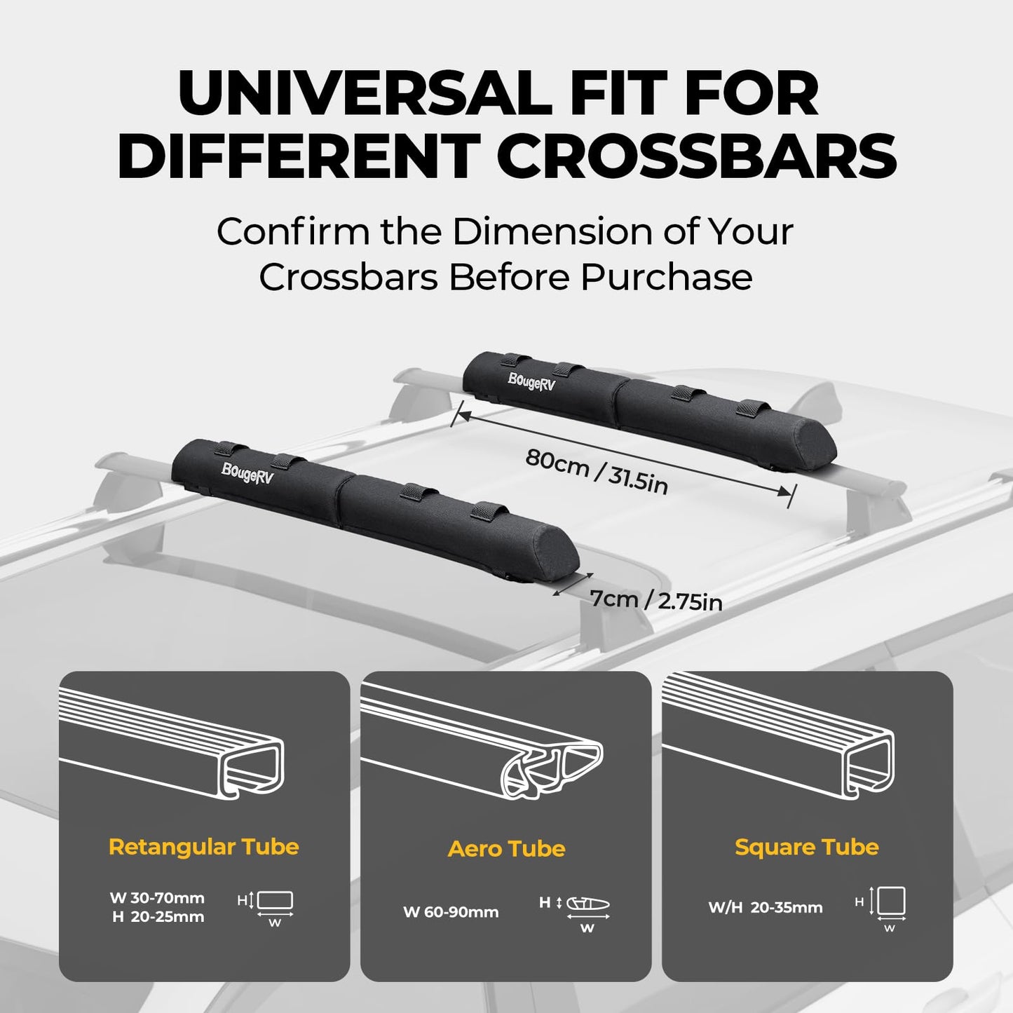BougeRV Soft Roof Rack Pads, 31.5" Surfboard Car Rack for SUP Kayak Ladder Luggage Carrier, Universal for Different Shapes of Cross Bars, Water-Resistant Crossbar Pads with 2 Endless Ratchet Straps