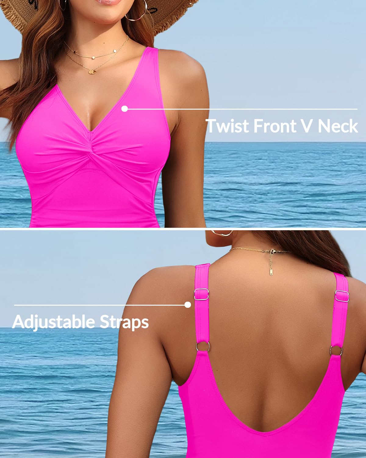 Holipick Hot Pink Plus Size Women Tummy Control One Piece Swimsuit - Push Up Bathing Suit Full Coverage Slimming Swimwear 22 Plus (US 22W)