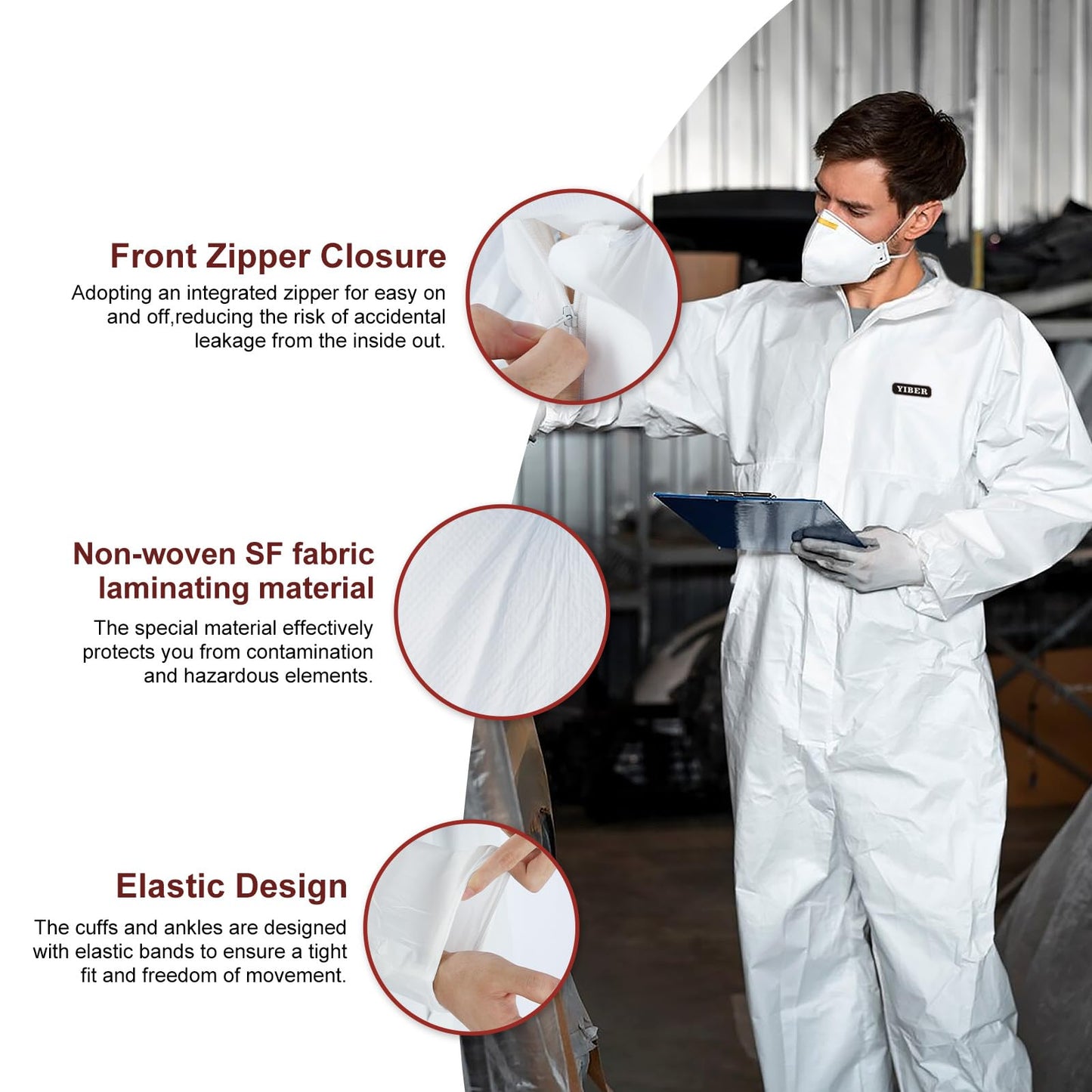 YIBER Hazmat Suit Disposable Coverall | Heavy Duty Full Body Painters Suit in 7 Sizes with Multiple Specifications for Men & Women Without Hood - Breathable & Water Resistant - Large, White,25