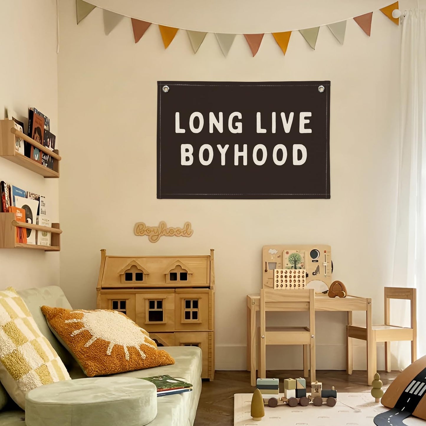 PLKMN Long Live Boyhood Banner, Boy Nursery Decor, Canvas Banner Wall Hanging Banner Flag Decor for Nursery Playroom Toddler Room, Boys Kids Room Decor (Black)