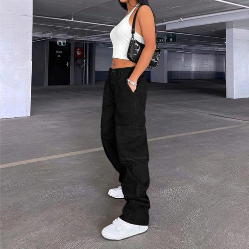 Lepunuo Cargo Pants - High Waisted Baggy Stretchy Wide Leg Y2K Streetwear with 6 Pockets