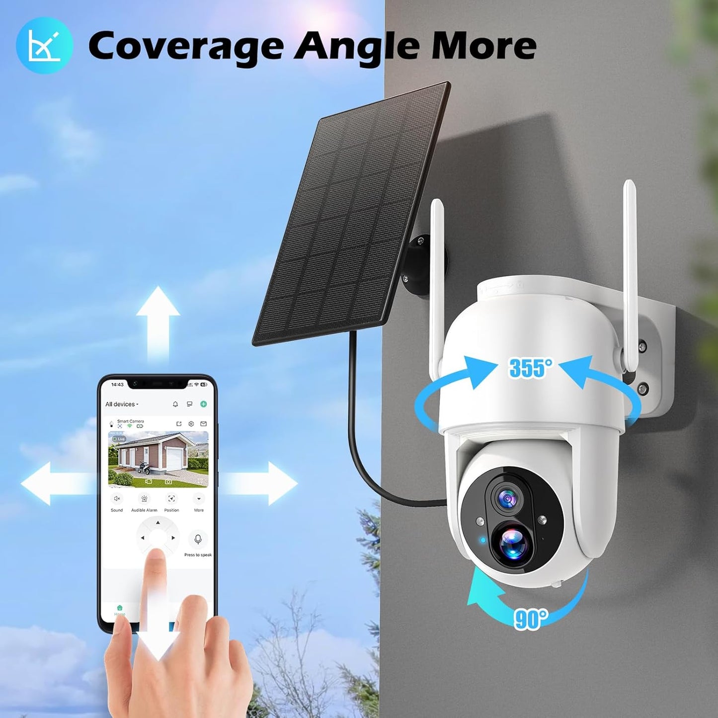 Wireless Solar Security Camera 2K 3MP PTZ - 355° View, Color Night Vision, IP65 Waterproof