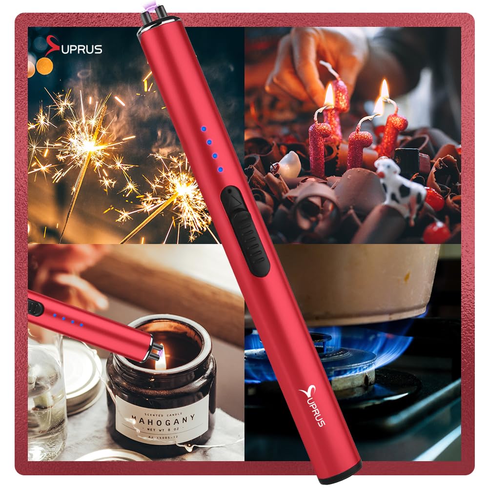 SUPRUS Electric Arc Windproof Flameless USB Rechargeable Lighter with Safety Lock for Candle (Red, 3 Packs)