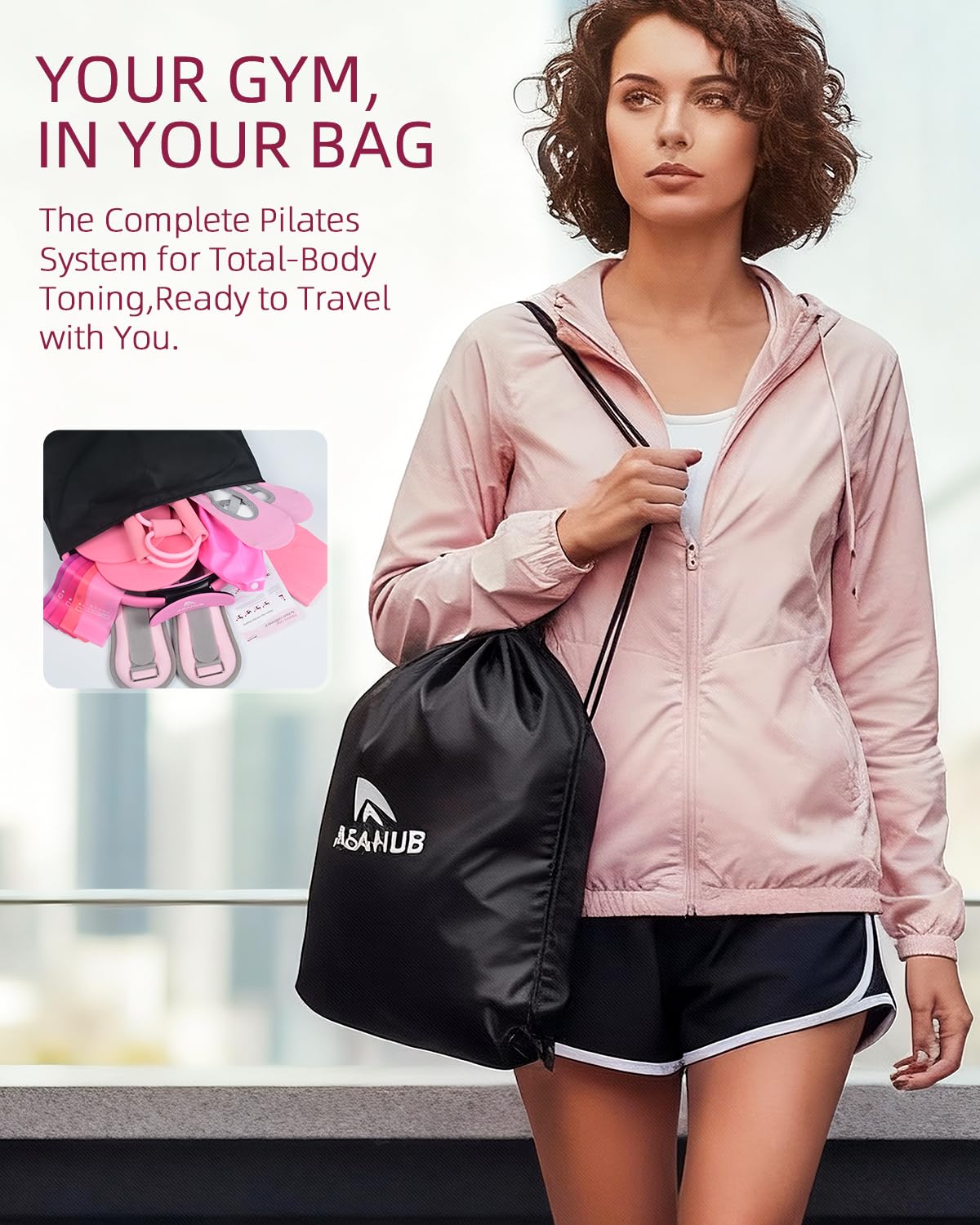 Abahub Pilates Ring Set, Home Workout Pilates Equipment, 14”Magic Circle, Yoga Ball, Resistance Bands, Sliding Disks, Socks, Workout Guide & Bag, Pilates Starter Kit for Strength, Pink Set