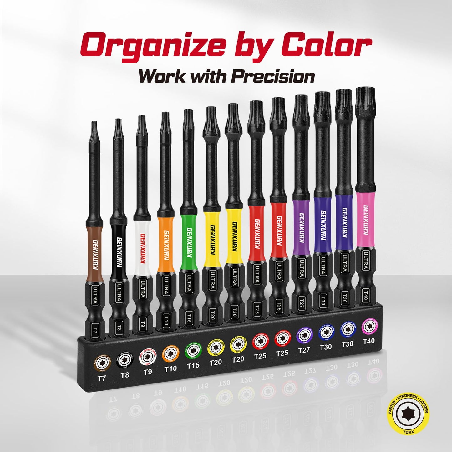 Geinxurn 3”Impact Torx Screwdriver Bits Set,13Pcs Magnetic S2 Steel Long Extension Star Driver Bits Set (T7-T40) with Color Coded Base