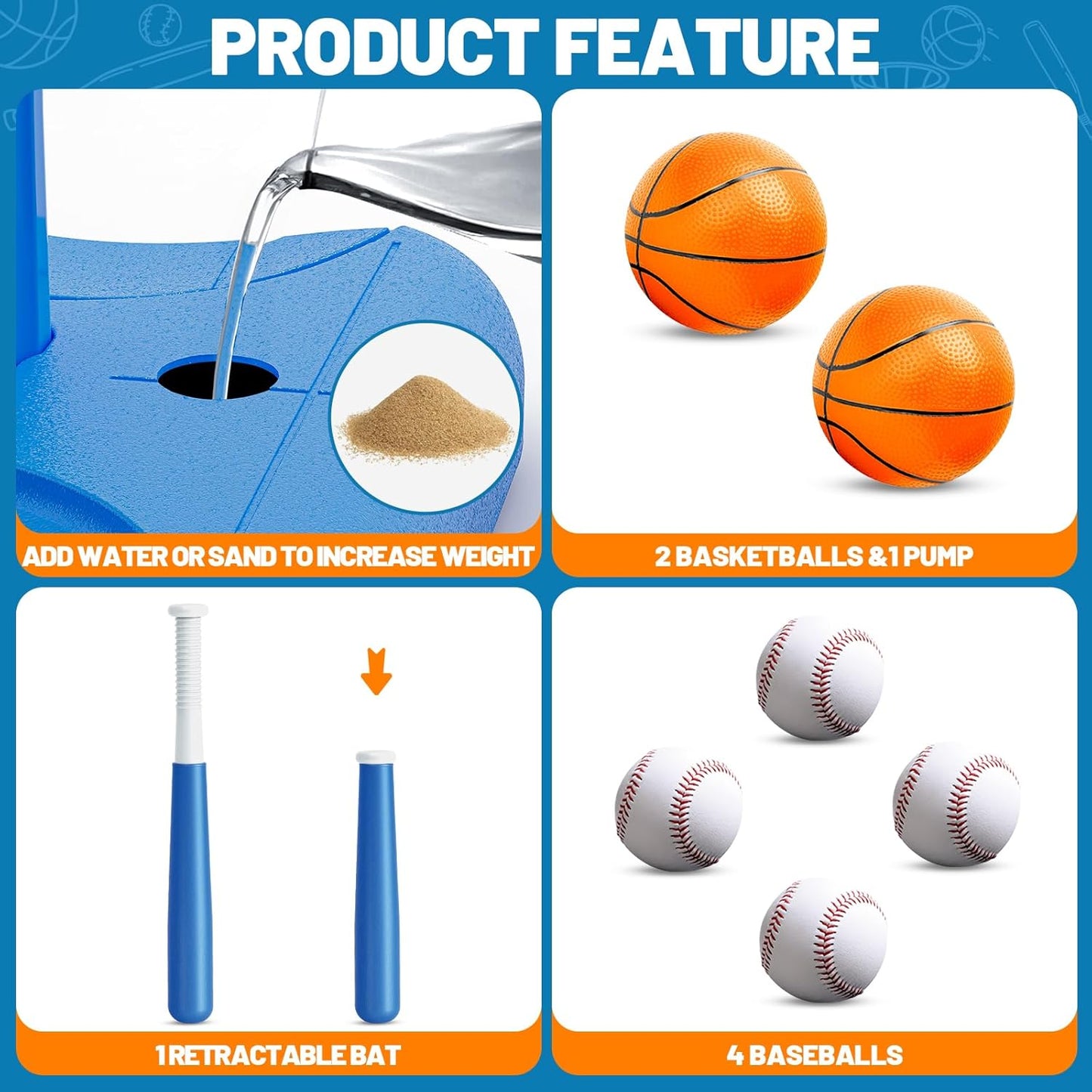 Skiennix 3 in 1 Kids Basketball Hoop & T-Ball Set - Adjustable Height Sports Toys for Ages 3-5 | Blue