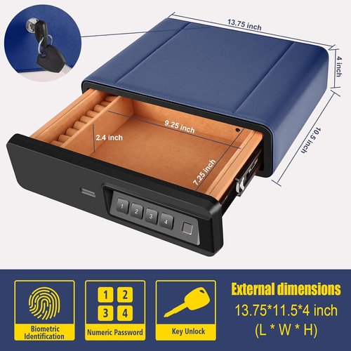 Biometric Fingerprint Safe - Slide-Away Handgun Safe for Pistols | Leather Jewelry Storage - Blue