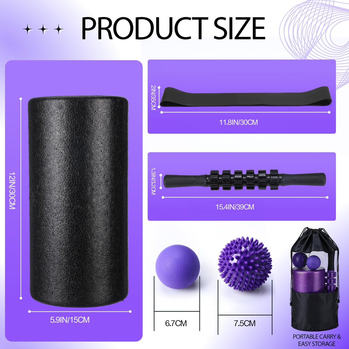 Soulchen 12 Pcs Foam Roller Set - 6 in 1 Deep Muscle Recovery Kit Includes Back Roller, Massage Ball, Muscle Stick, Fasciitis Ball, Stretch Strap & Bag for Body Physical Exercise Therapy, 2 Set