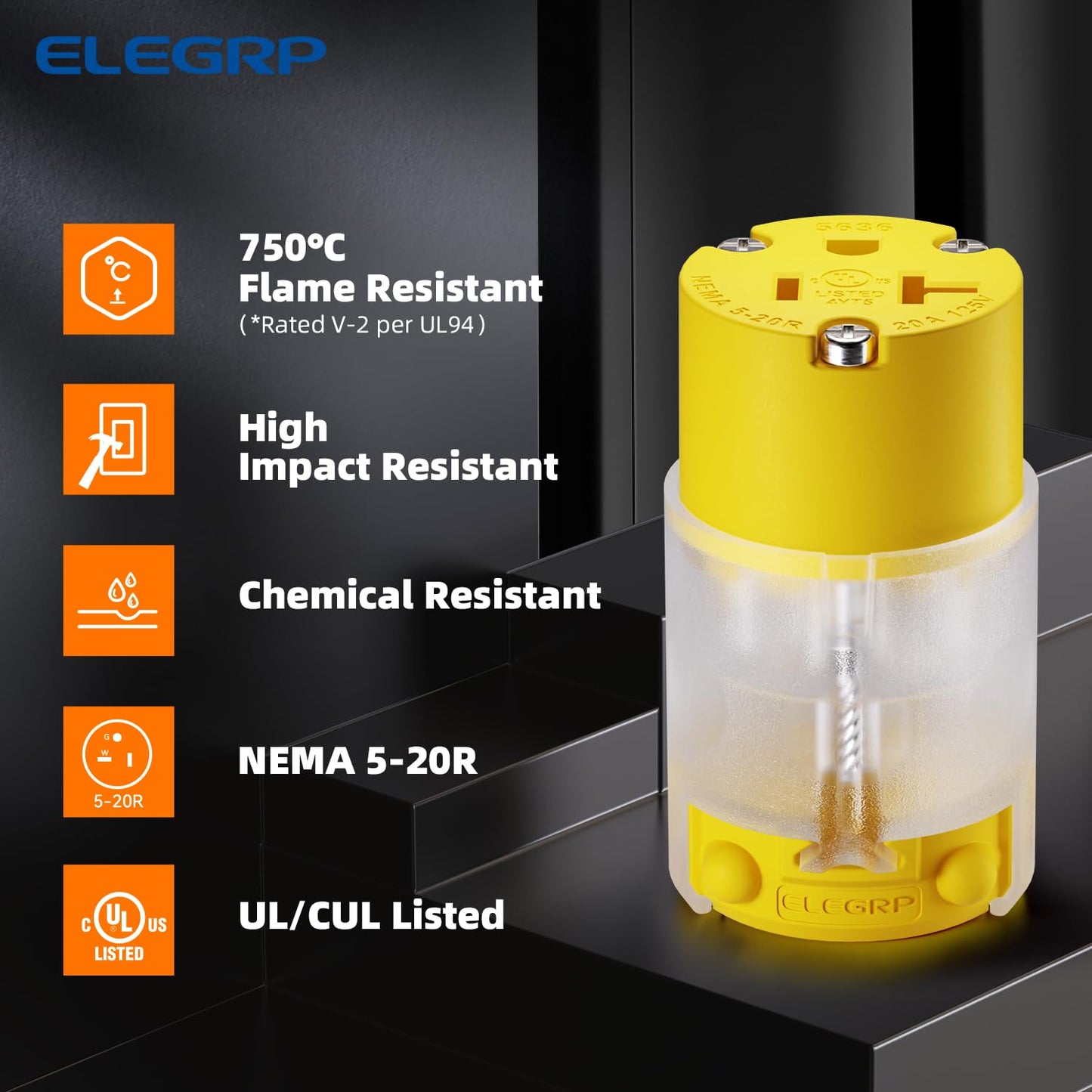 ELEGRP Lighted 20 Amp 125 Volt NEMA 5-20R 2 Pole 3 Wire Grounding Straight Blade Electrical Plug Replacement Cord Outlet Commercial Grade, Yellow, 1 Pack