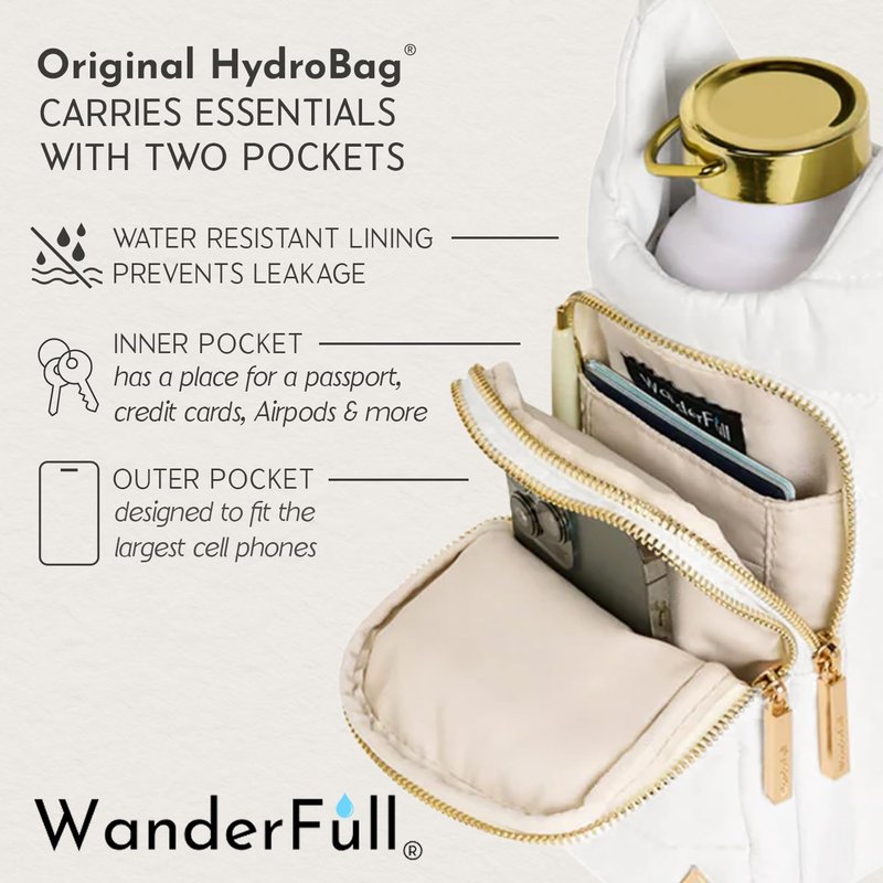 WanderFull® Original HydroBag® Vegan Leather, Fits Up to 32 oz Water Bottle Holder w/ 2 Straps, Hands-Free Crossbody Water Bottle Carrier Bag with Phone Pocket, Tumbler Accessories - Taupe