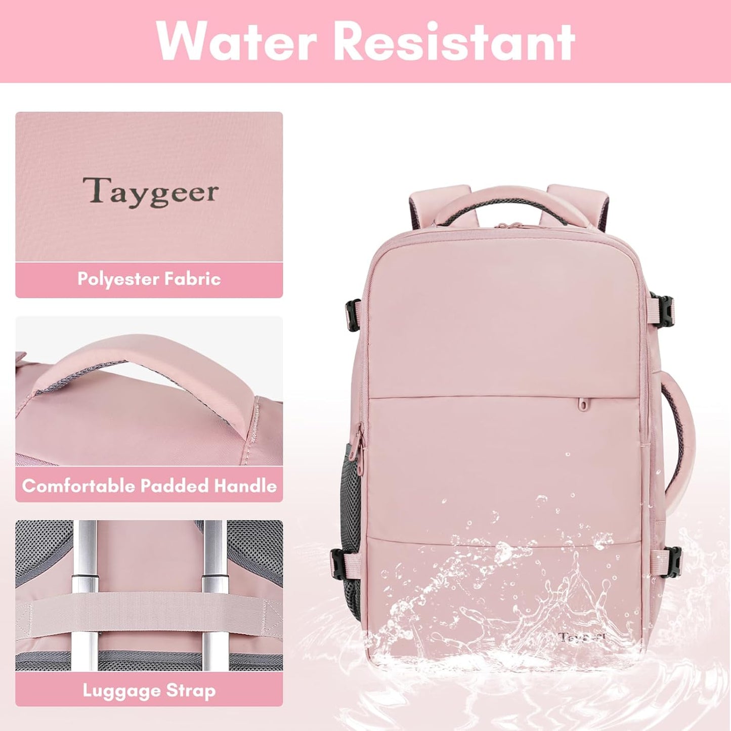 Taygeer Travel Backpack - Stylish 15.6-Inch Laptop Bag with Water Bottle Pocket & Shoe Pouch | Pink