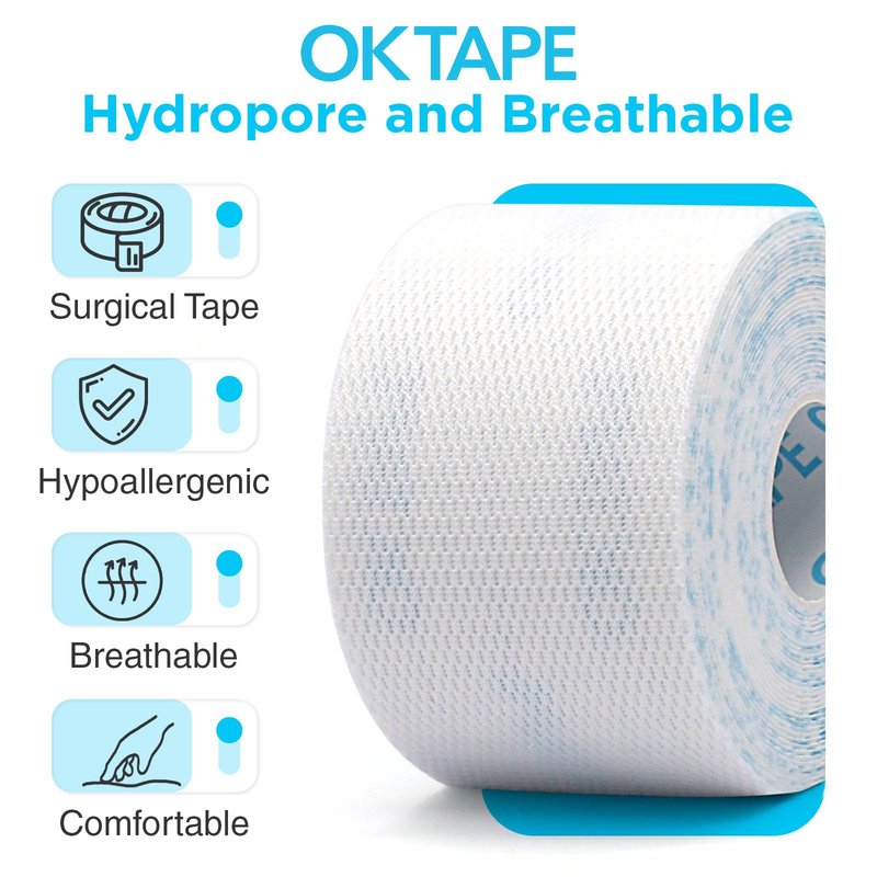 OK TAPE Hypoallergenic Surgical Tape 2 inch x 5.5yd |6 Rolls,Dry Medical Tape for Skin, Tube, Dressings, Wound First Aid Tape