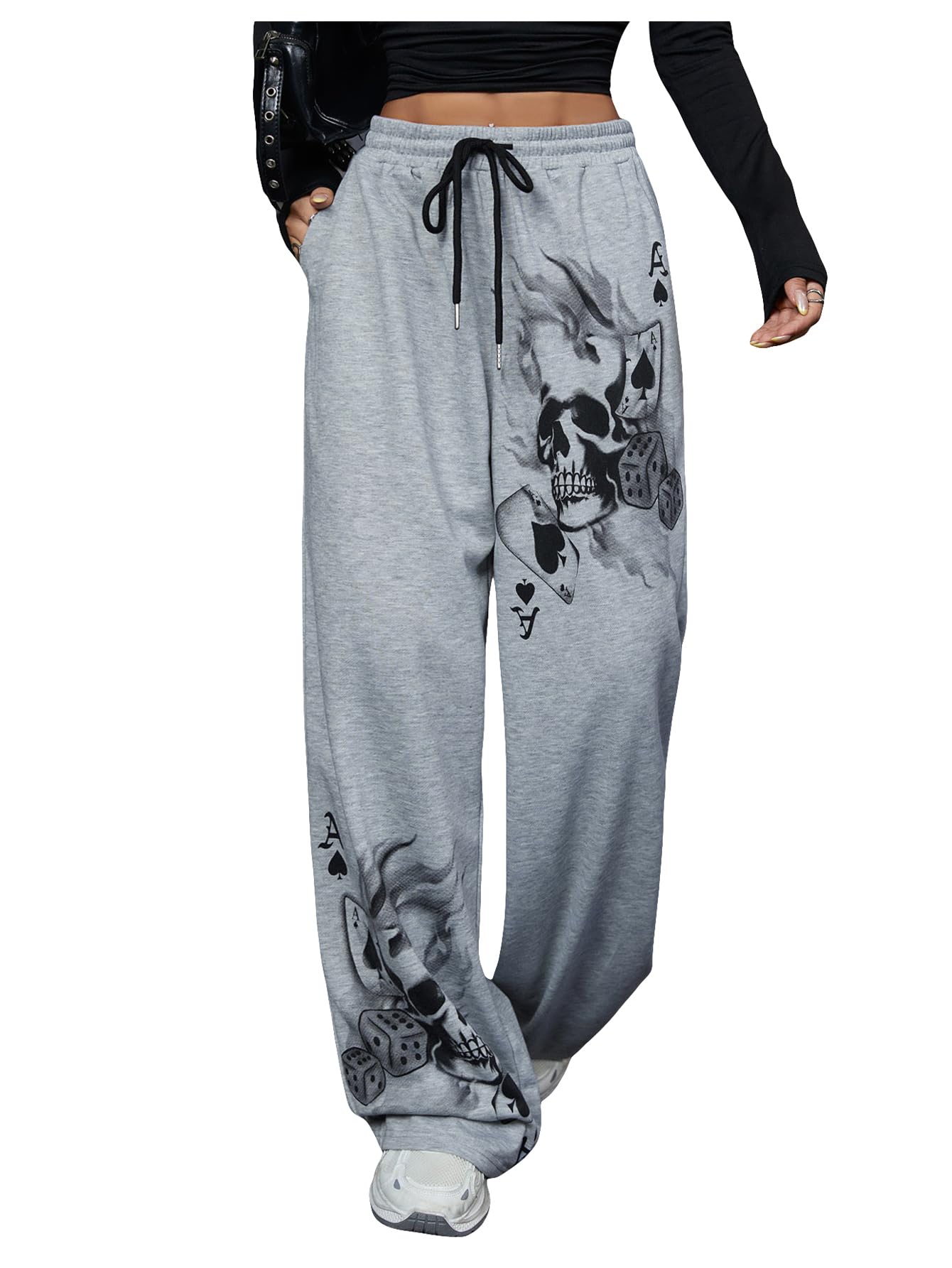 SOLY HUX Women's Y2k Sweatpants Drawstring Waist Wide Leg Gothic Grunge Pants Streetwear Grey Graphic Small