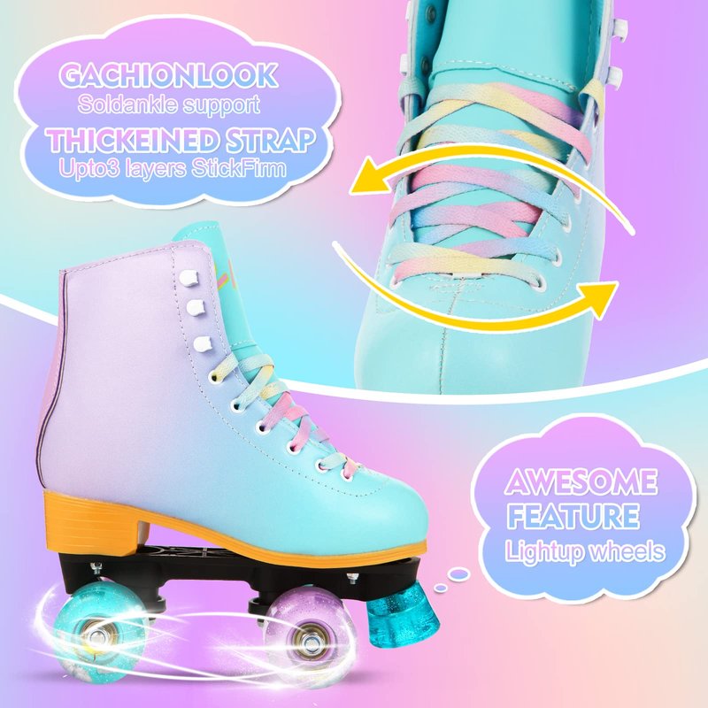 LIKU Quad Roller Skates for Girl and Women with All Wheel Light Up,Indoor/Outdoor Lace-Up Fun Illuminating Roller Skate for Kid (Purple, J12-J13)
