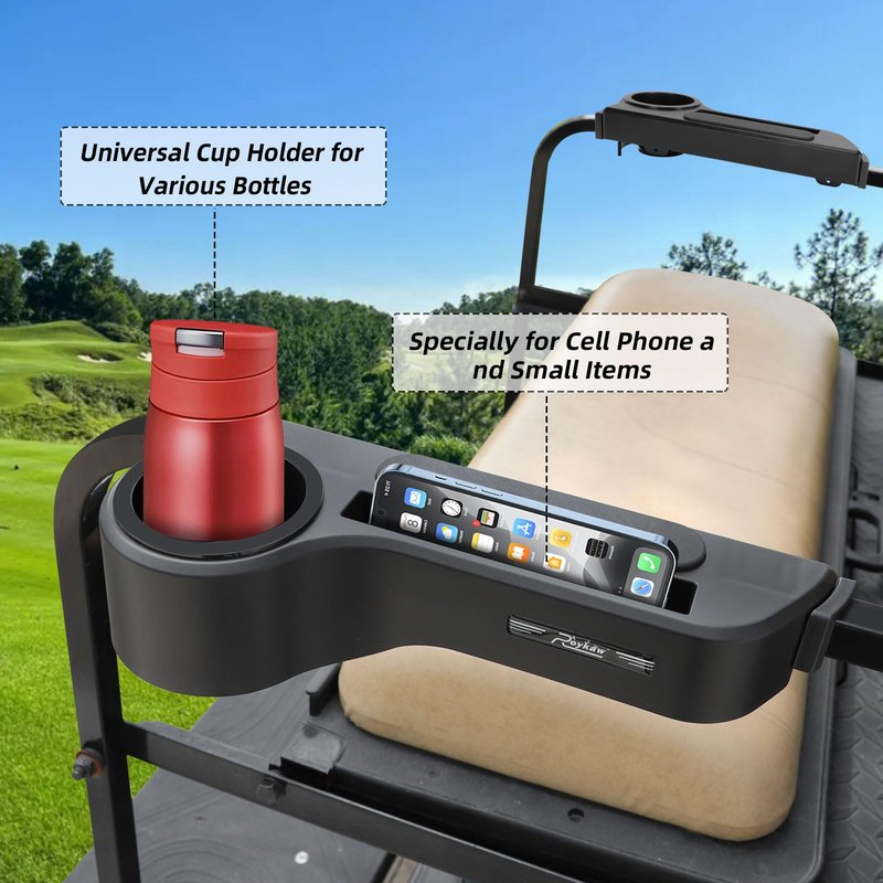 Roykaw Golf Cart Armrest with Cup Holder Compatible with EZGO/Club Car/Yamaha & Most Brand, Universal Golf Cart Rear Seat Arm Rests with Phone Holder, No Drilling, Fit 1.0"/1-1/4" Square Frame