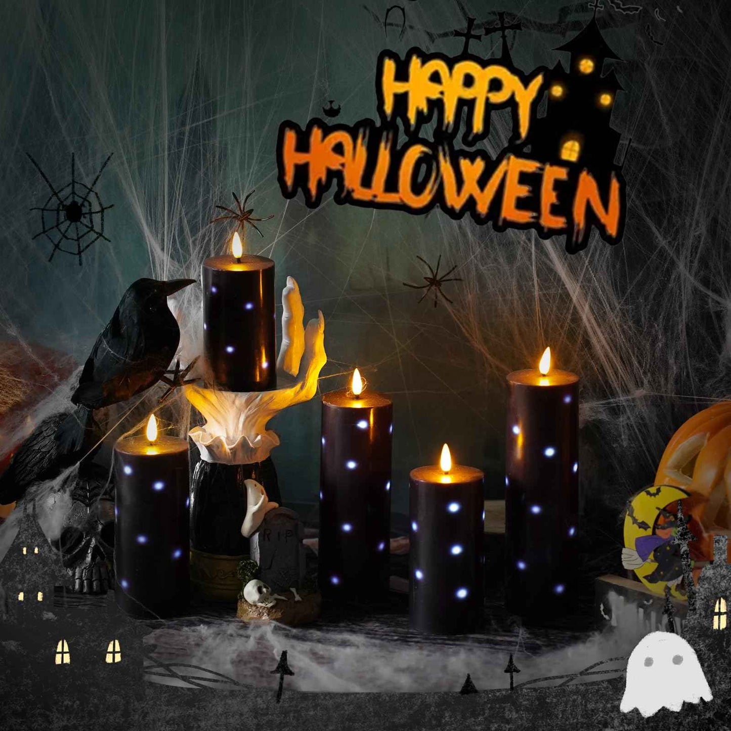 Nimiko Flickering Flameless Candles with Remote Control and Timer Set of 5 Pc Real Wax LED Pillar Candles, Battery Operated Candles（D2.2×H5/5.5"/6"/7"/8"） Halloween Decorations Home Decor （Black）