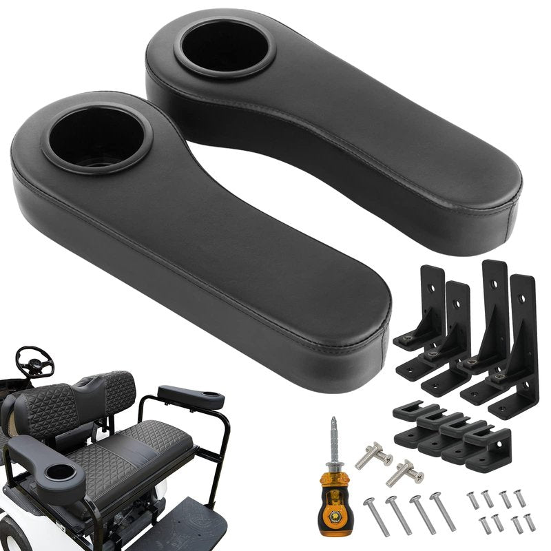 XUANYUDG0769 Golf Cart Armrest with Cup Holder for EZGO TXT Club Car DS Precedent and Yamaha Rear Seat Kit, Upgrade Support Frame/No Need Drilling Arm Rest - Black