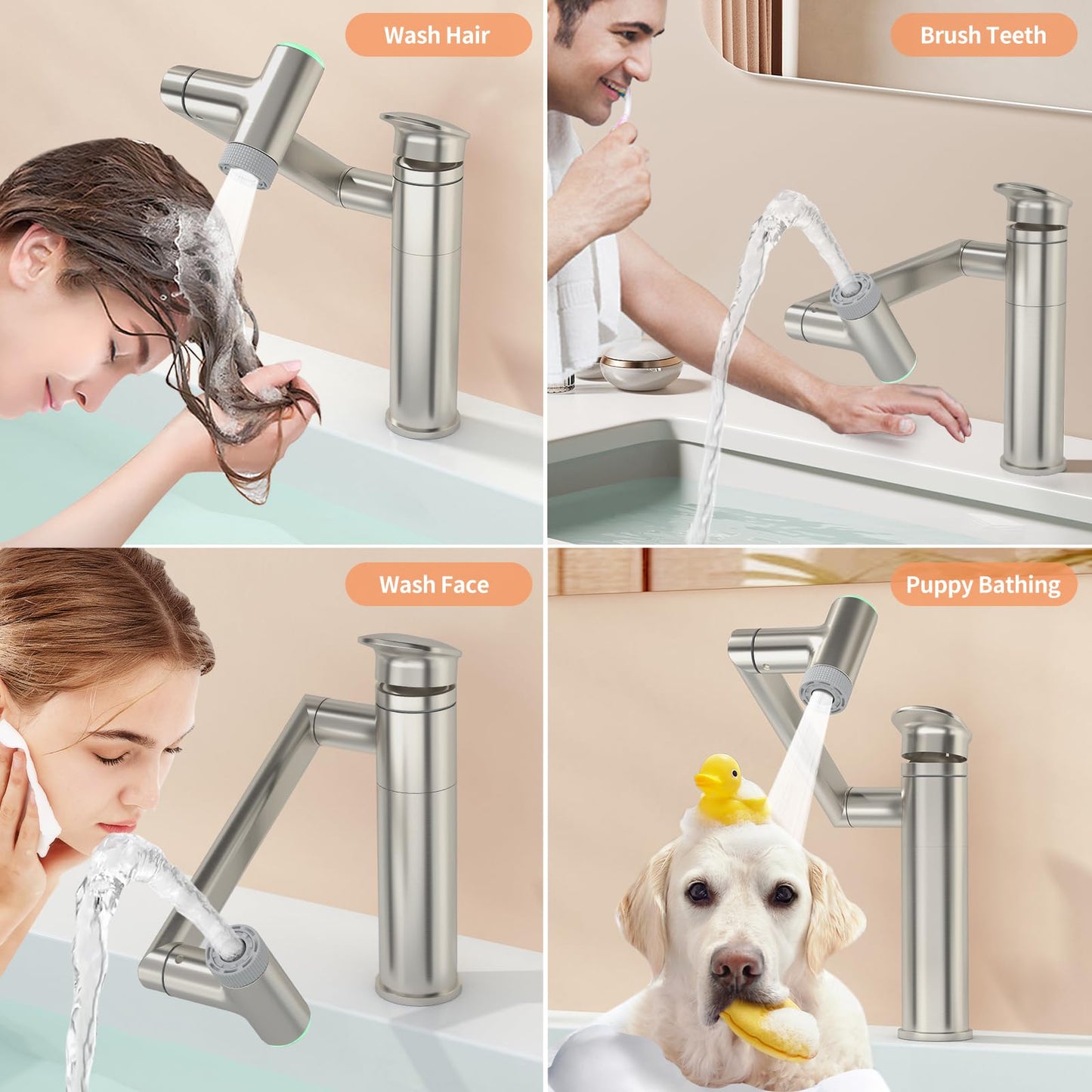 SINGSUO 1080°Rotatable Bathroom Vanity Faucet 1 Hole, Height Adjustable Single Handle Sink Faucet Bathroom with 2 Water Outlet Modes, Bar Sink Tap with Temperature Display (Brushed Nickel)