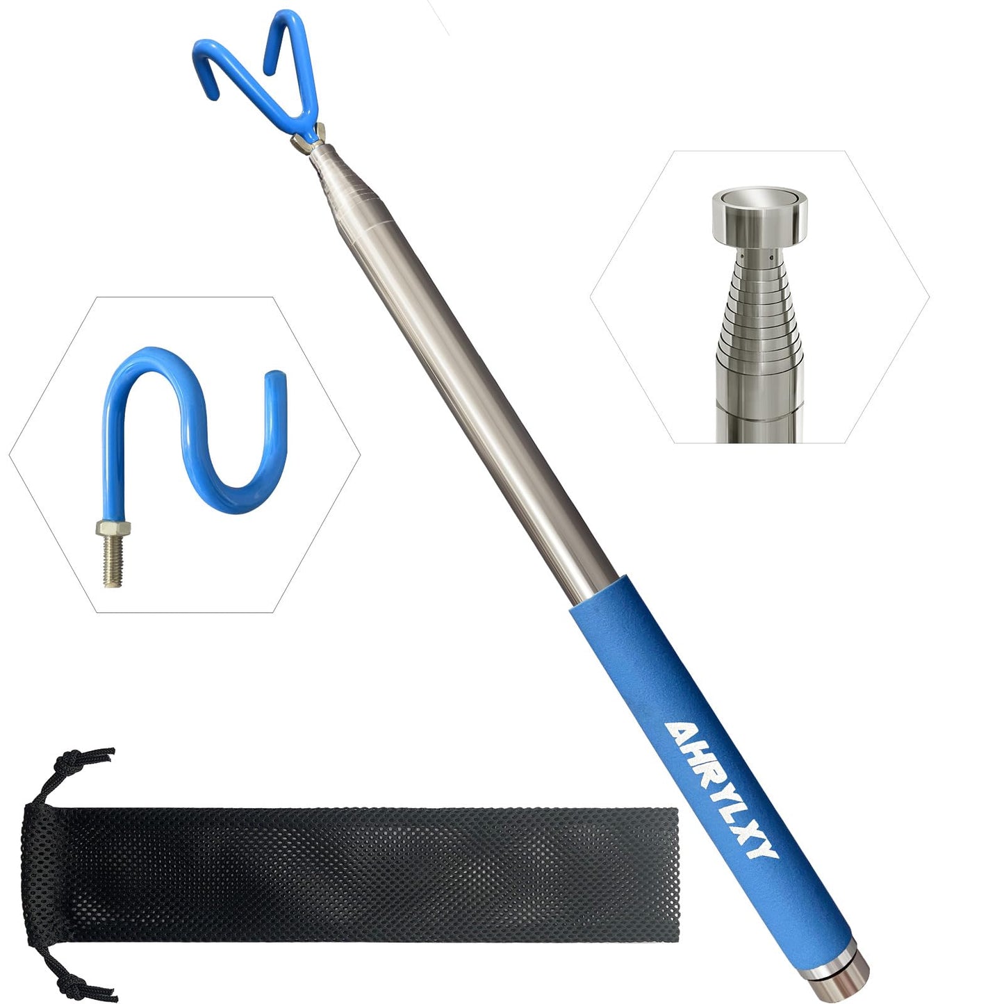 AHRYLXY Telescoping Pickup Tool Magnetic Pole with 3 Hooks, 10 FT Telescopic Push Pull Rod Wire Reacher Grabber Disc Golf Retriever, Disc Golf Accessories