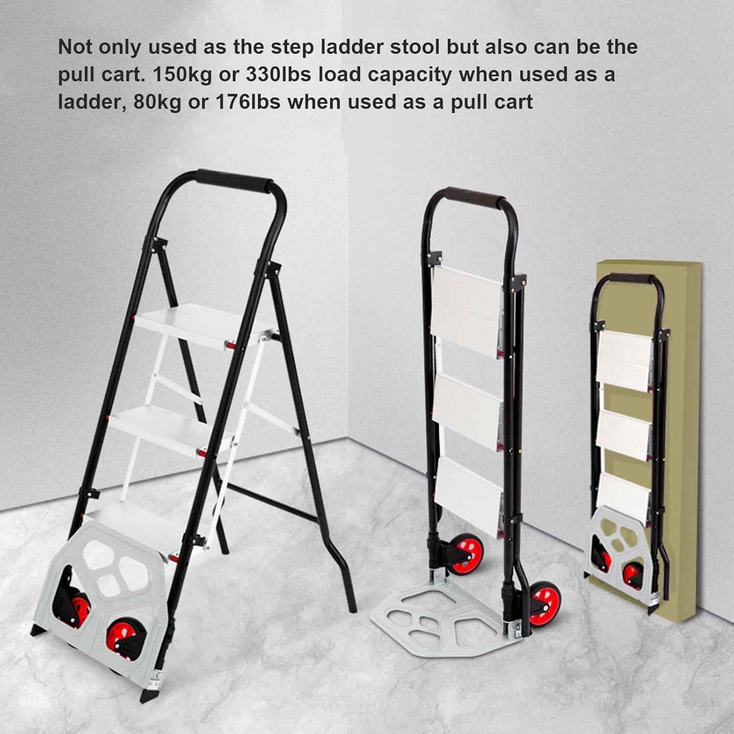 3-Step Folding Ladder Aluminum Alloy Non-Slip Steps Space Saving Stool Cart 150kg Capacity for Home Garage Kitchen