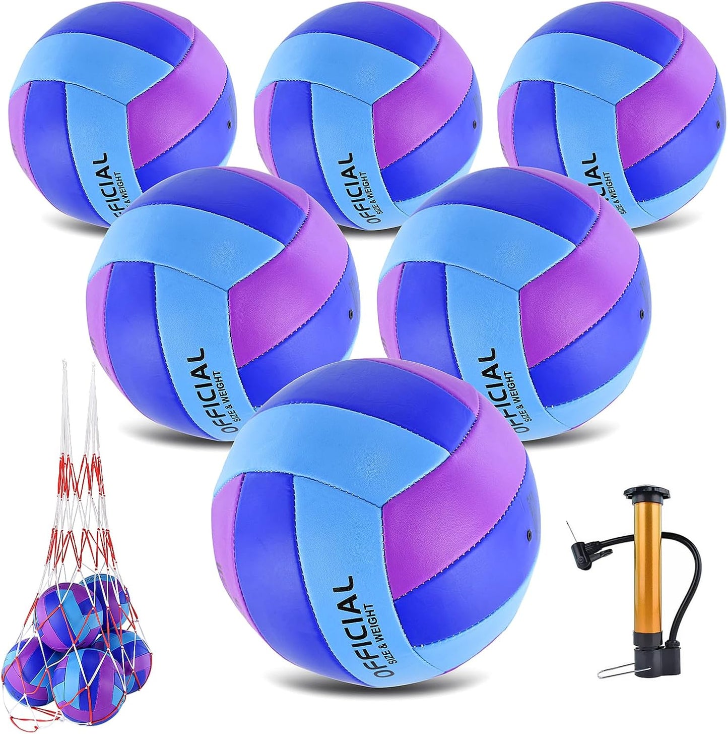 Skiennix Volleyballs - Official Size 5 Soft Recreational Balls with Pump & Net Bag - 6 Pack, Purple/Blue