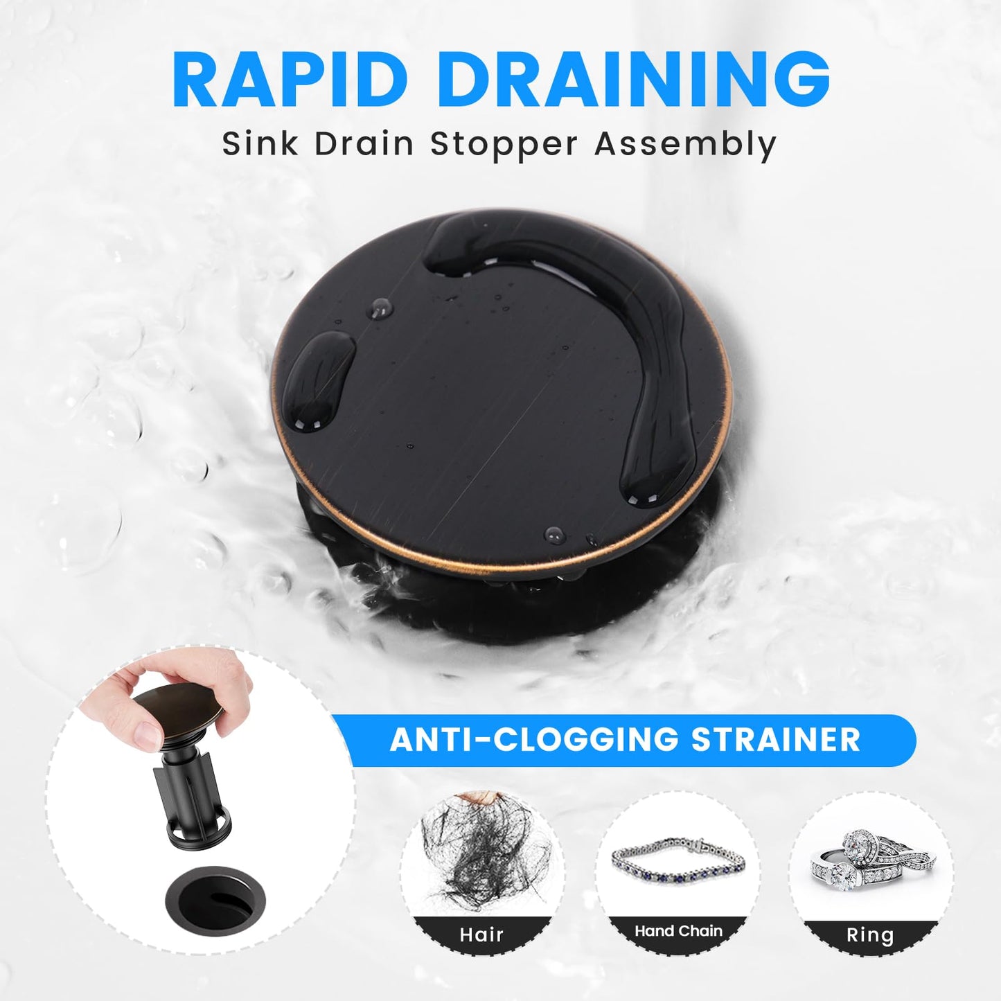 Bathroom Sink Drain with Overflow, Hurran Universal Bathroom Sink Stopper for Bathroom Vanity Vessel Sink, Plastic Pop-up Sink Drain with Hair Catcher Anti-Clog Strainer, Oil Rubbed Bronze