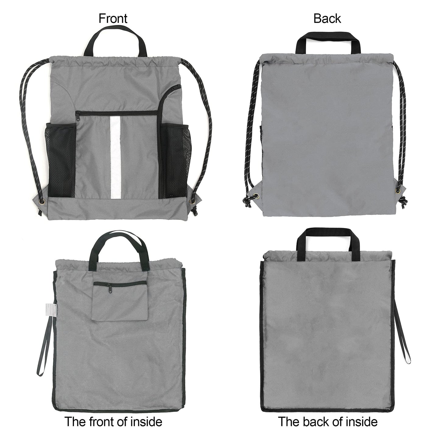BeeGreen Grey Drawstring Bag Pack Gym Sackpack w Shoe Compartment Two Water Bottle Holder Portable String Sinch Sack for Gymnastic Athletic Beach Travel