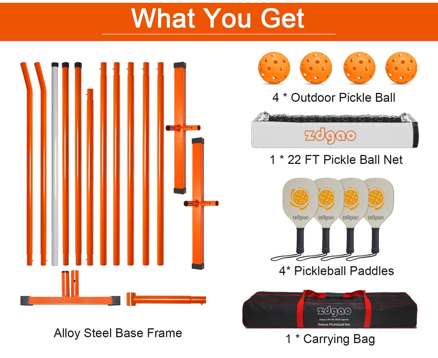 Zdgao Portable Pickleball Net Set with 4 Pickleball Paddles, Official Size Pickleball Net, 4 Outdoor Pickleballs and Carry Bag, Weather Resistance Strong Steel Frame