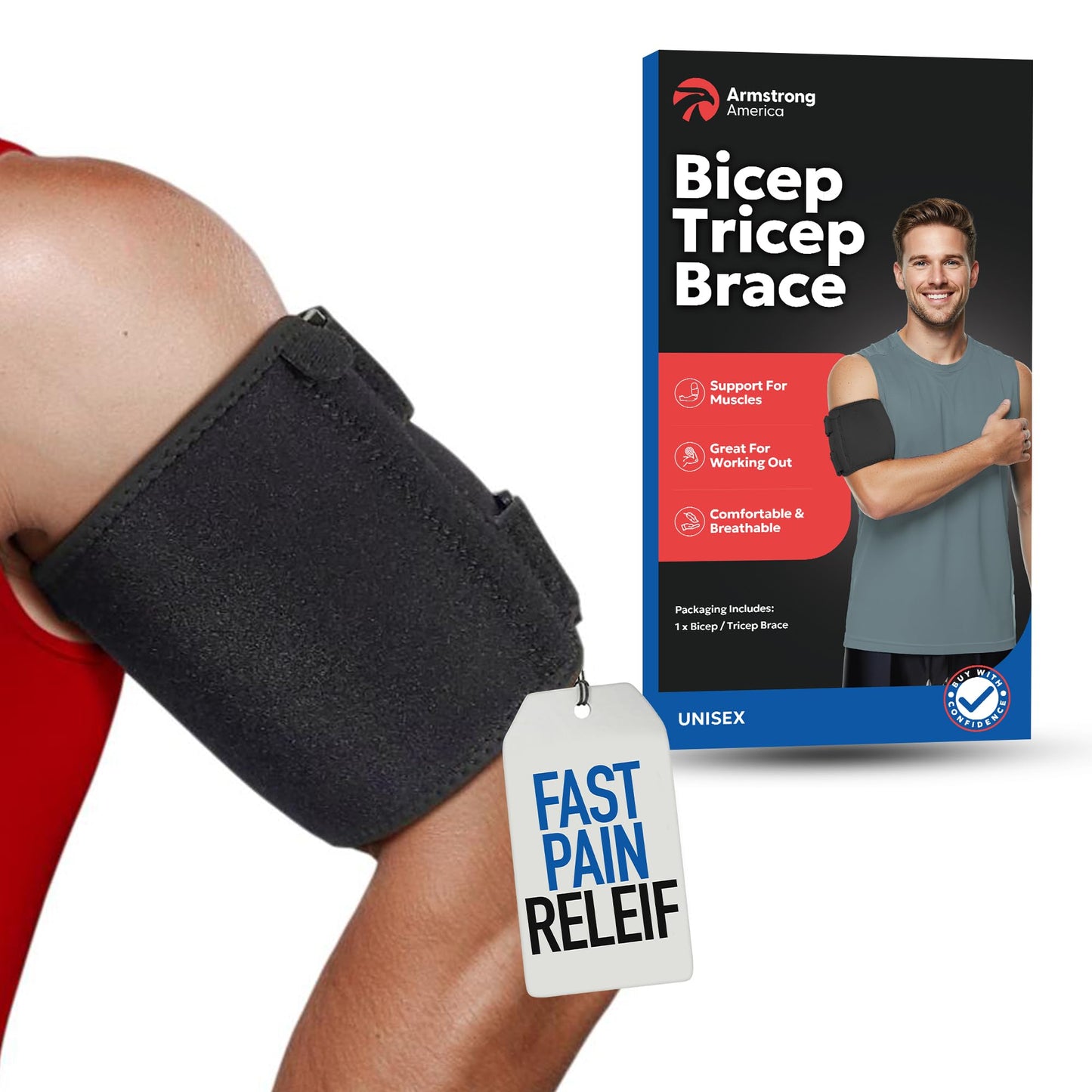 ARMSTRONG AMERICA Bicep Tendonitis Brace, Bicep Band & Upper Arm Compression Sleeve I Triceps & Biceps Muscle Support For Upper Arm Tendonitis Pain Relief Or Bicep Strains (LARGE 10" to 16")