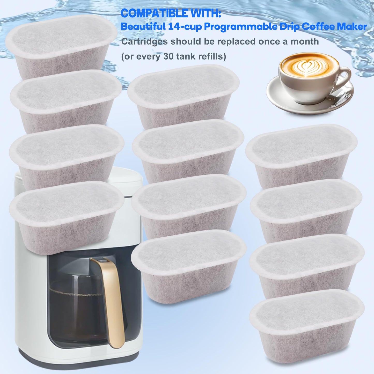 12 Pack Replacement Activated Charcoal Water Filter Cartridges for Beautiful 14-cup Programmable Drip Coffee Maker, Premium Water Filtration Pods Compatible with Drew Barrymore coffee makers