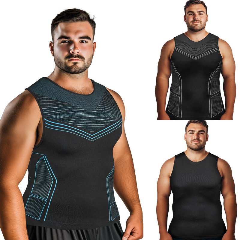 Odoland 3 Pack Men Compression Shirt, Gynecomastia Tummy Control Slimming Undershirt Tank Top Men, Body Shaper Strengthen Compression Vest Shapewear,Line Black/Line Blue/White, XL