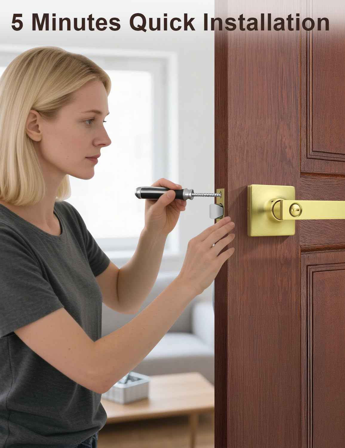 Mengico 6 Pack Gold Privacy Lever Door Handle Interior with Lock, Heavy Duty Square Door Lock for Bed/Bath, Keyless Door Locksets, Reversible for Left Right Handed Doors