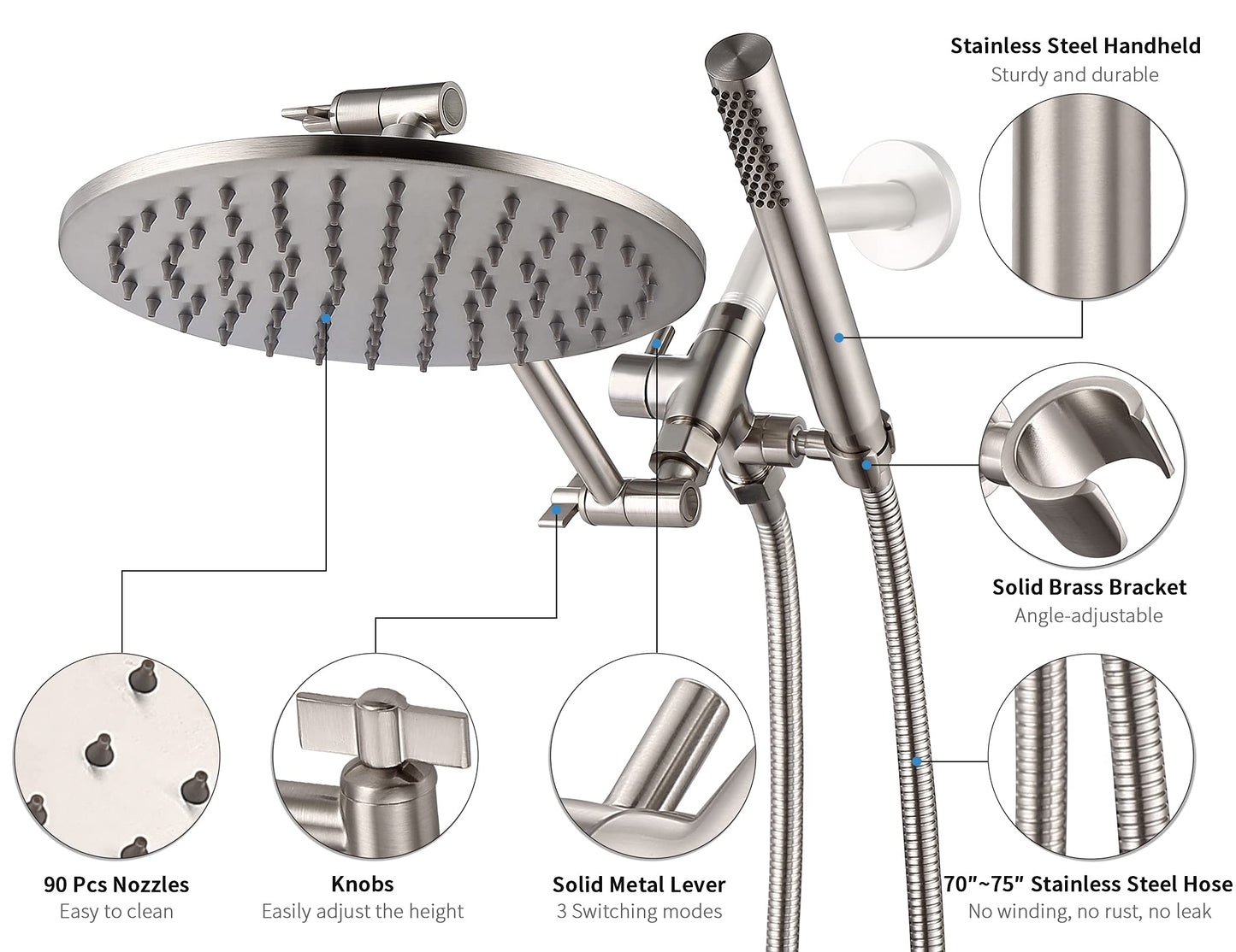 G-Promise All Metal Dual Shower Head Combo, 8 Inch Rainfall Shower Head, Handheld Spray Wand, Smooth 3-Way Diverter, with Adjustable Extension Arm, 71 Inches Long Hose (Brushed Nickel)