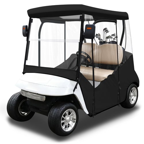 iLSKW Golf Cart Driving Enclosure 2 Passenger Only for EZGO TXT & RXV Cart with Roll Up Door Zipper Design, 4-Side Clear Windows 600D Heavy Duty Rain Cover, Black