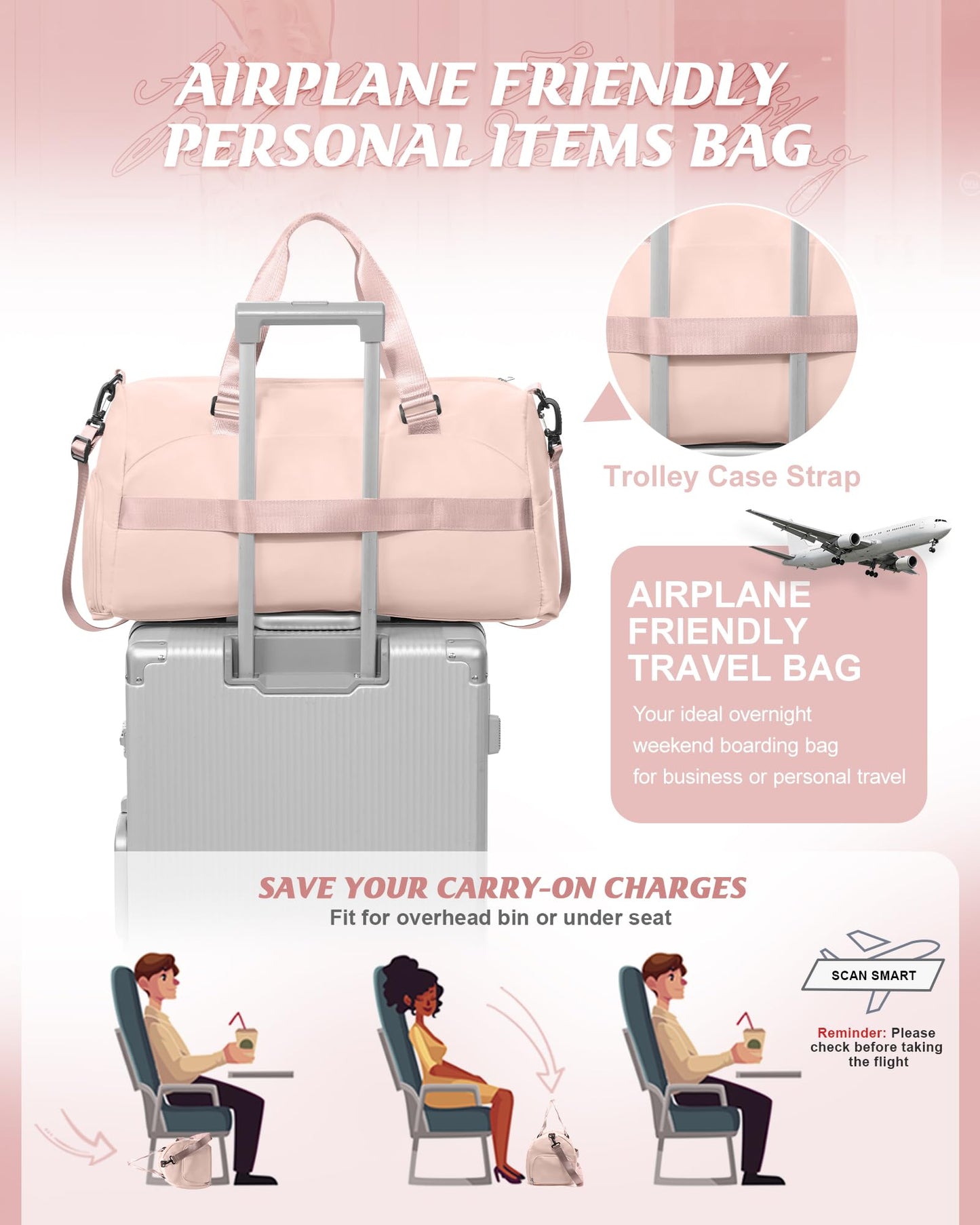 Gym Bag for Women with Shoe Compartment Lightweight Travel Duffle Bags Carry on Bag Overnight Weekender Duffel Bag with Wet Pocket Personal Item Travel Bag Tote Bag Workout Dance Bag Pink